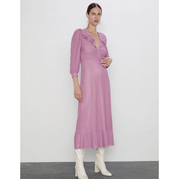 ZARA| TEXTURED KNIT DRESS WITH RUFFLES - Picture 1 of 16